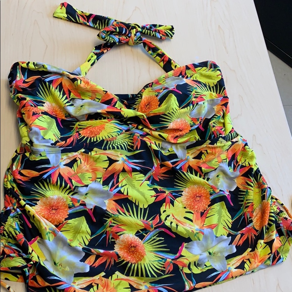 Ashley Stewart Tropical Floral Swim Top - Black, Orange, Green